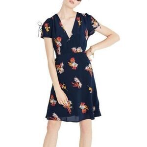madewell silk navy floral print tie sleeve mini dress
